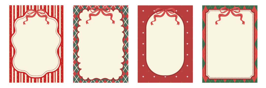 Whimsical coquette Christmas frame collection with red ribbons and festive line art borders. for holiday greeting card, party invitation, and gift tag design vector.
