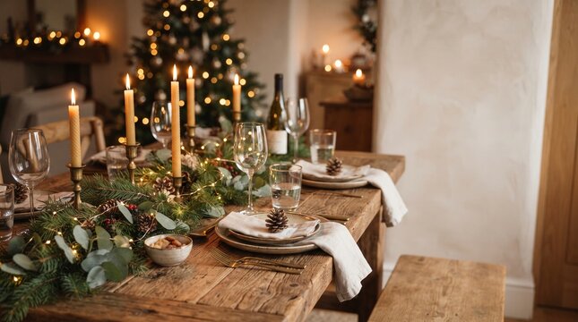 Holiday dinner table with candles in cozy room