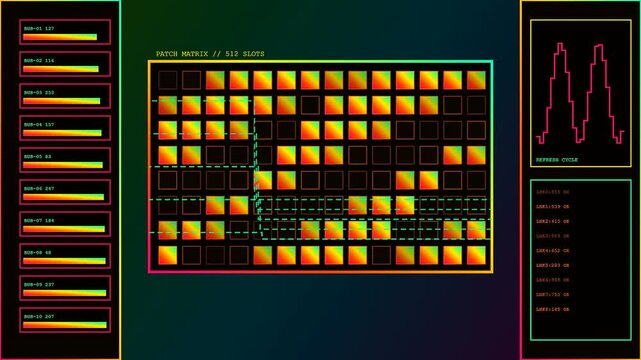 Digital displays showing a dmx controller interface with shifting data grids and fluctuating signal patterns in a dark computer environment for electronic music production software studio