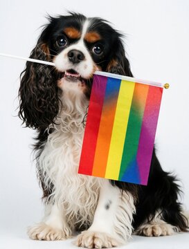 Cute cavalier king charles spaniel holds rainbow pride flag in mouth. Small black, white puppy supports lgbtq community, diversity. Purebred pet dog celebrates pride month with colorful flag on white