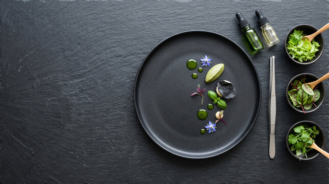 Overhead flat lay view of a modern fine dining chef's plating station with artisan ceramic plate, precision culinary tweezers, and micro-herbs with generous copy space.