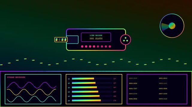 A digital dmx controller interface displayed on a dark gradient screen showing fluctuating wave patterns and rising bar charts during a smooth system status update