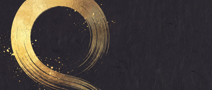 Enso circle with golden brush stroke on black textured paper with luxury gold leaf splatters, creating an elegant minimalist Japanese calligraphy banner for premium oriental branding