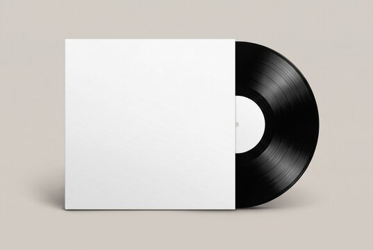 Disco de vinil preto com capa branca vazia para mockup de &aacute;lbum em fundo neutro minimalista