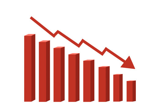 Descending red bar chart with a downward trend arrow on a transparent background