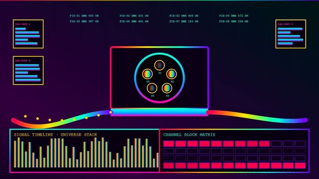 Digital dmx controller interface screen showing audio signal graphs and circular connector diagrams with rhythmic flickering lights pulsing across the neon violet dark computer display monitor