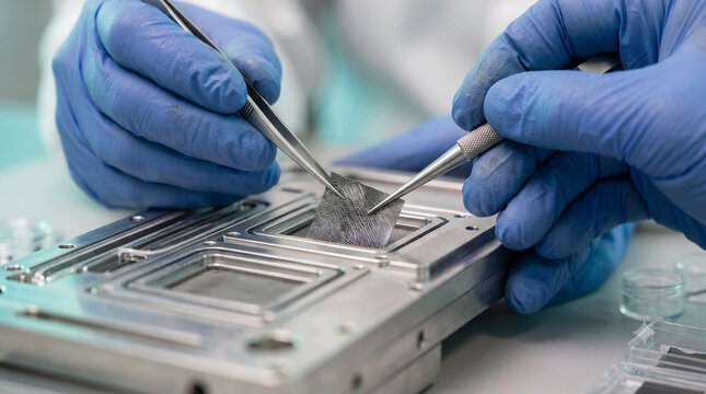 Macro close-up of engineer hands using precision tweezers to assemble nanostructured membrane into clean energy fuel cell stack.