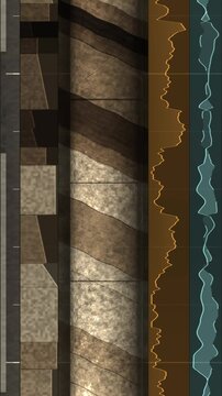 Geological drill core scrolling upward beside grain size and gamma ray wireline logs with lithology column in rich core tones vertical 9:16