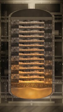 Distillation column cutaway with sieve trays, bubbling froth layers and downcomer liquid cascade, seamless loop in rich naphtha tones vertical 9:16