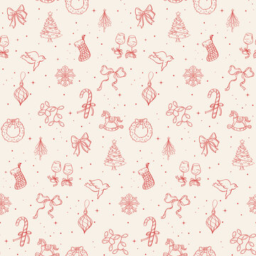 Hand drawn Christmas seamless pattern with festive holiday ornaments on cream background