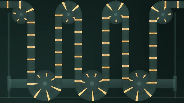 Festoon accumulator web loops breathing between roller banks, industrial process machine, seamless loop in vibrant verdigris tones