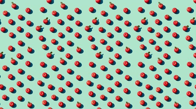 Top view pattern of fresh red strawberries on a mint green background