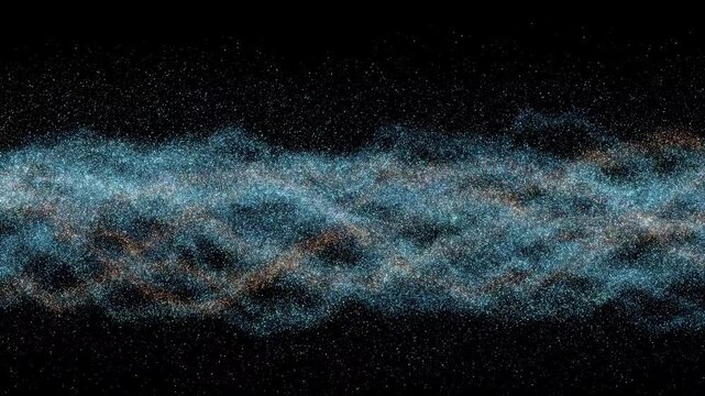 Glowing blue and orange particles form the word abstract before dispersing back into a cosmic dust cloud in this 3D render