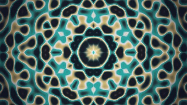 Kaleidoscope mandala mirror symmetric rotating geometric ornament seamless loop in rich teal tones