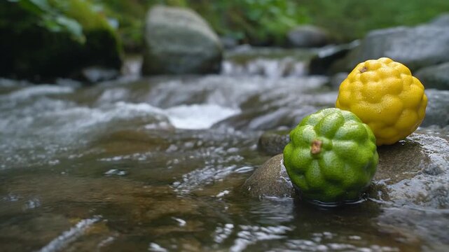 濡れた石の柚子を流れる小川 シームレスループ動画背景 16:9 4K