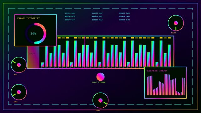 A digital dmx controller interface screen showing dynamic sound wave patterns and data tracking bars for audio level monitoring in a dark studio setting environment
