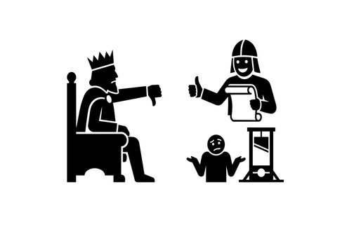 Humorous vector illustration of a king giving an execution order while an executioner agrees near a guillotine. Perfect concept for absolute authority, judgment, and hopeless fate.
