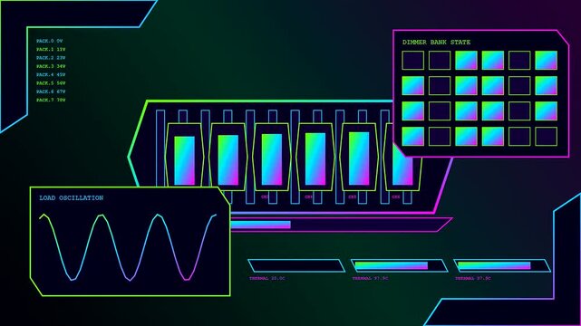 A digital dmx controller interface screen showing fluctuating electrical power levels and frequency wave patterns in a dark environment with vibrant glowing purple and green illumination