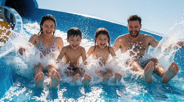 Happy family with two kids enjoy summer vacation at water park. Parents, children slide down blue waterslide with huge water splashes. Group laugh, feel excitement during fun outdoor activity on