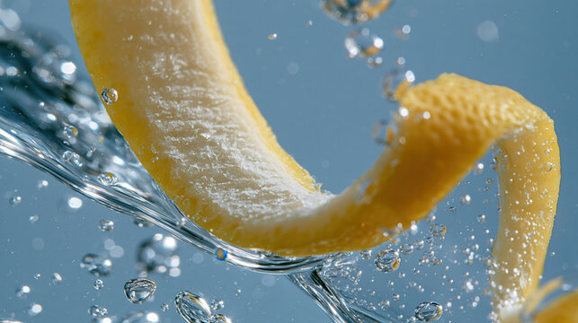 transparent lemon zest floating in light blue tonic water