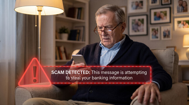 Senior man looking concerned at his smartphone while receiving a scam alert message about banking information theft