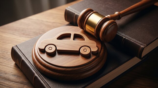 Car law concept with wooden gavel and vehicle icon on law book