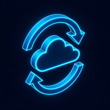 Glowing isometric cloud icon with rotating arrows synchronization