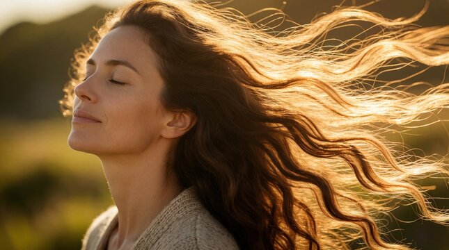 Beautiful young woman closes eyes, feels wind on face. Long wavy hair flows in sunlight during golden hour. Serene female enjoys peace, freedom in nature. Relaxed person experiences calm moment in