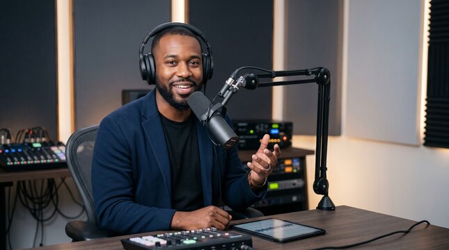 Black male podcaster hosting a recording session in a modern studio