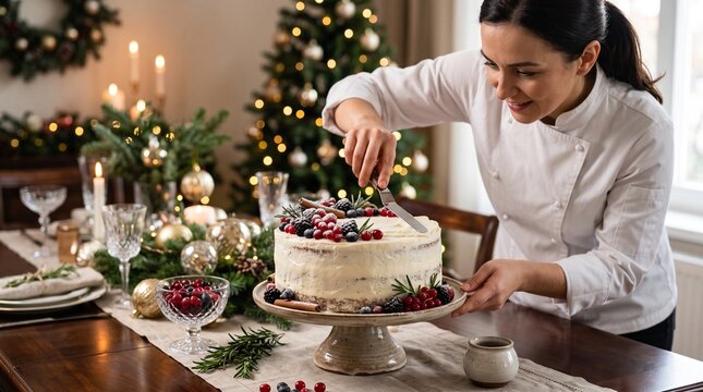 Woman decorating Christmas yule log cake with berries at festive holiday table