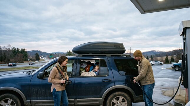 Family refueling SUV at gas station during road trip with luggage on roof rack