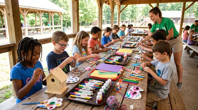 Children doing arts and crafts at summer camp in an outdoor pavilion