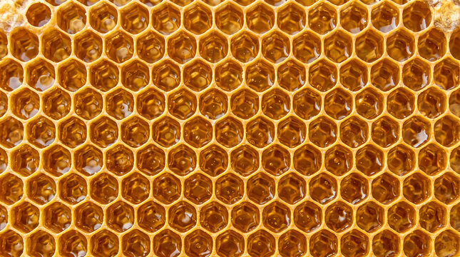 Close up of fresh golden honeycomb with hexagonal wax cells filled with organic raw honey