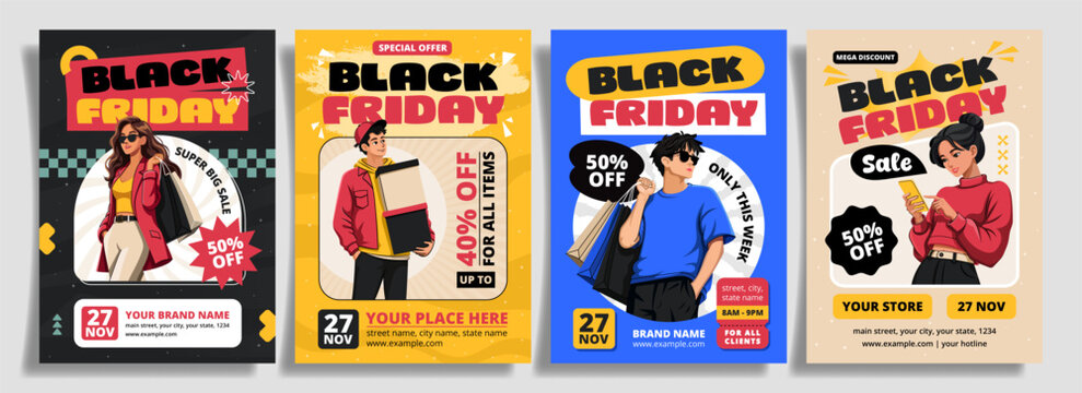 Black Friday sale poster template with young people illustration and shopping promotion template