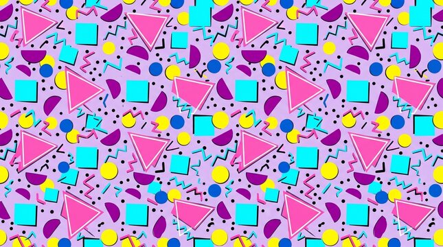 Colorful Memphis Pattern with Retro Geometric Shapes on Purple