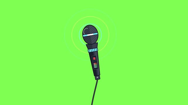 Dynamic handheld microphone with signal waves pulsing on green background for broadcast and podcast concepts