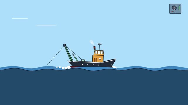 Fishing trawler boat sailing across calm ocean waves in a flat design animation sequence