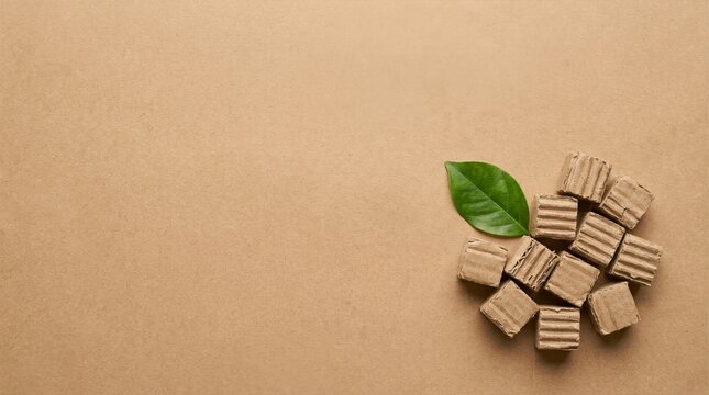 Recycled paper cubes and fresh leaf on brown kraft background symbolizing eco friendly packaging