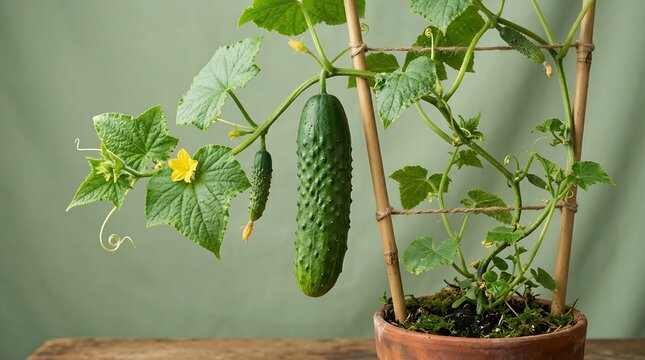 Organic cucumber plant growing in a terracotta pot with fresh fruit and yellow flowers