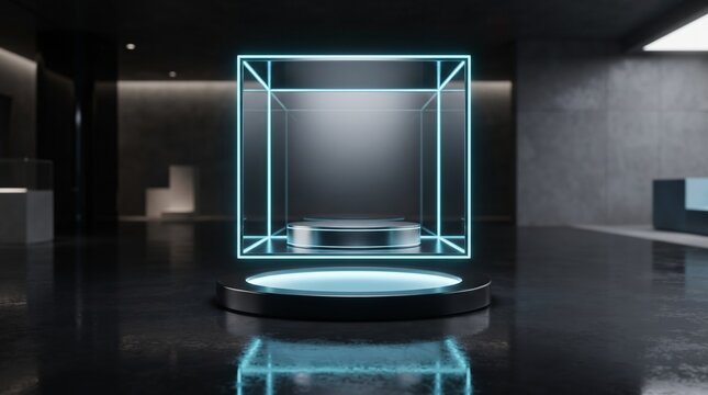Transparent mirrored cube display case with an elevated central platform, electric cyan edge lighting and ice blue illumination for futuristic luxury product presentation.