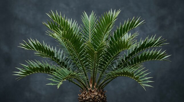 Symmetrical cluster of green spiked cycad fronds against a dark moody grey background