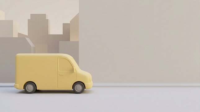 Yellow delivery van passing minimal city skyline for urban courier and parcel service concept