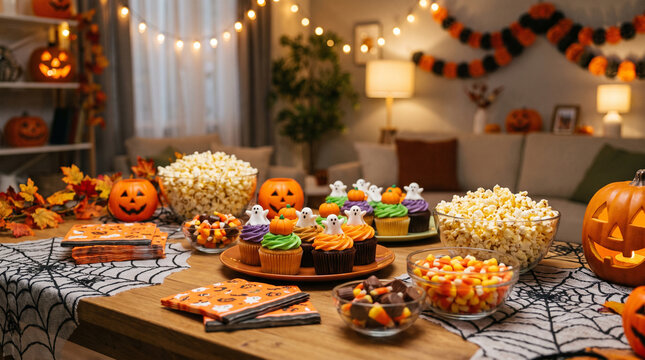 Halloween party buffet table with food, decorations, and lights.
