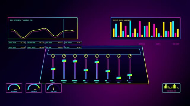 Digital sound mixing involves a glowing audio console interface showing frequency wave patterns and fader sliders adjusting volume levels in this repeating looped media motion display