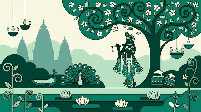 Krishna Janmashtami flat vector illustration featuring Lord playing flute under a blossoming tree with peacocks and traditional lamps