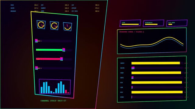 Neon illuminated audio console software interface displaying oscillating waveform graphs and digital leveling meters captured in a dynamic sequence of evolving synth modulation settings across screens
