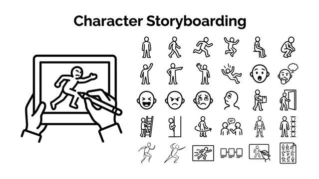Character Storyboarding Elements: A collection of simple line icons representing various human figures in motion, emotions, and actions, used for character development and narrative planning.
