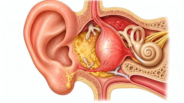 Detailed medical illustration of human ear anatomy highlighting an infection or middle ear pathology, showing the outer ear, ear canal, tympanic membrane, and inner ear structures