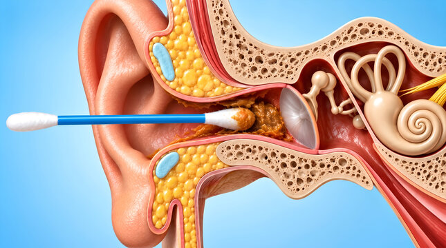 Cross-section medical illustration showing human ear anatomy with earwax blockage and a cotton swab pushing wax deeper towards the eardrum