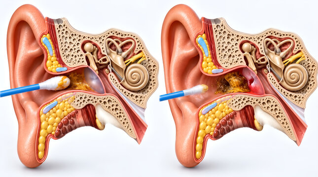 Medical illustration explaining earwax buildup, cerumen impaction, and the dangers of using cotton swabs inside the ear canal causing damage to the eardrum and hearing